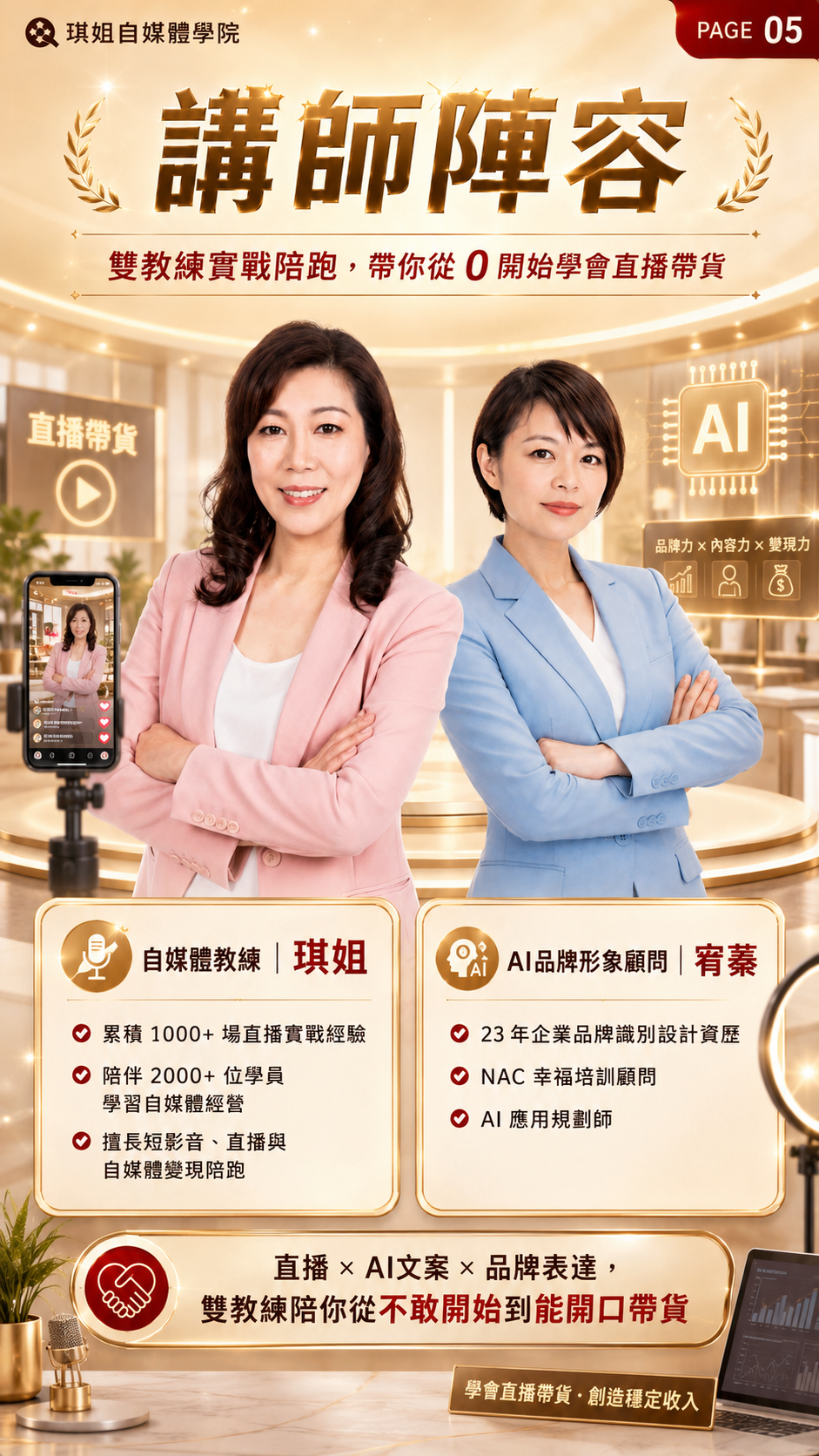 雙教練師資陣容：自媒體教練琪姐，累積 1000+ 場直播實戰經驗，陪伴 2000+ 位學員學習自媒體經營；AI品牌形象顧問宥蓁，擁有 23 年企業品牌識別設計資歷，NAC 幸福培訓顧問，AI 應用規劃師。
