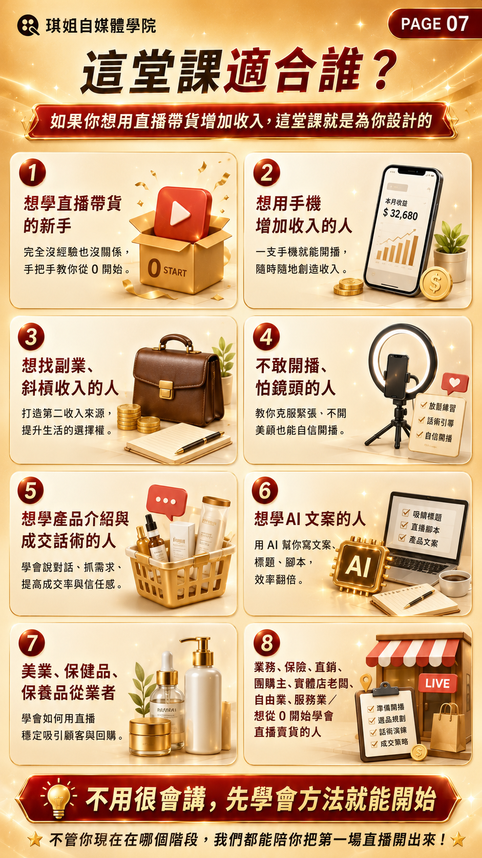 這堂課適合誰？適合想學直播帶貨的新手、想用手機增加收入的人、想找副業/斜槓收入的人、不敢開播/怕鏡頭的人、想學產品介紹與成交話術的人、想學AI文案的人、美業/保健品/保養品從業者，以及業務、直銷、團媽、實體店老闆等。
